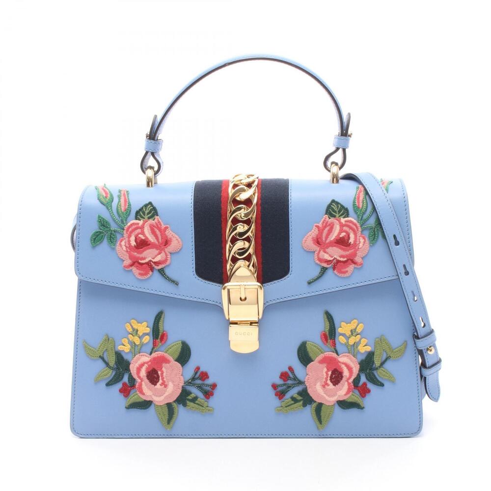 Gucci Sylvie Sherry Flower Embroidery Handbag Leather Blue